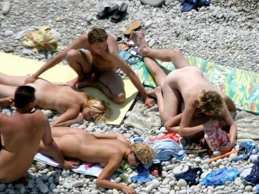 Beach Russian Orgy Couples Nude and Having Sex on Photos